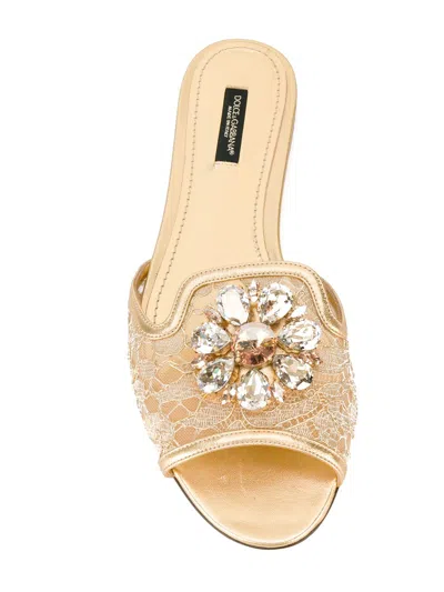 Dolce & Gabbana Rainbow Slides In Gold Lurex Lace With Brooch In Gold