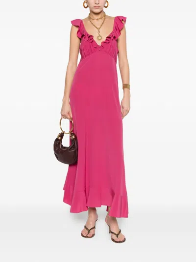 Chloé Maxi Dress Flared Hem Ruffled Neckline In Pink