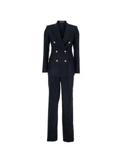 Tagliatore Linen Double Breasted Suit Gold Buttons In Black