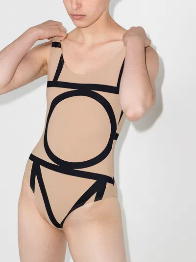 Totême Beige Stretch Jersey Monogram One-piece Swimsuit In Brown
