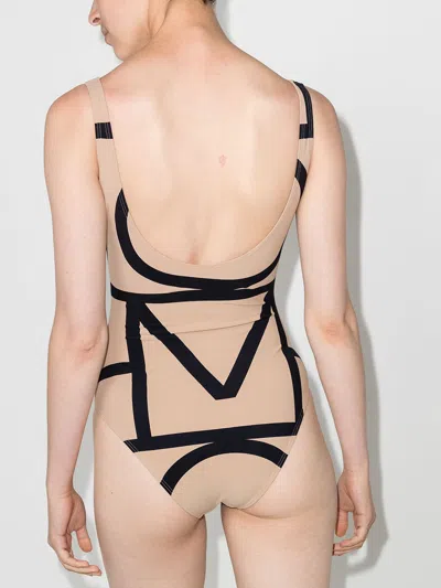 Totême Beige Stretch Jersey Monogram One-piece Swimsuit In Brown