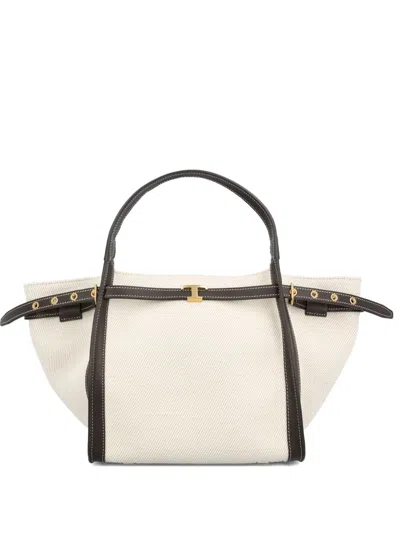 Tod's White Tote Bag With Front Leather Buckled Belt In Cotton Blend Woman