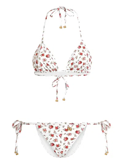 Dolce & Gabbana Small Rose-print Triangle Bikini In White
