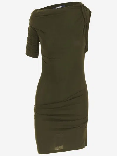 Jacquemus Asymmetric Green Mini Dress With Gathered Details In Green