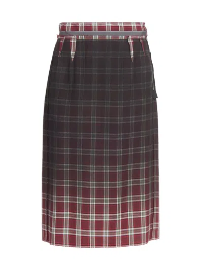 Maison Margiela Womens Burgundy White Tartan-check Wool-blend Midi Skirt In Black