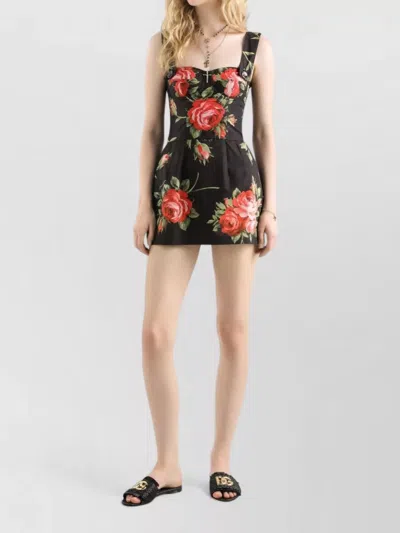 Dolce & Gabbana Floral-print Cotton Bustier Mini Dress In Black
