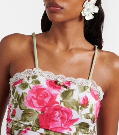 Chloé Bow-detailed Ruched Lace-trimmed Floral-print Swimsuit In Multi