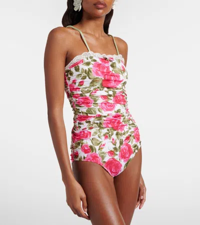 Chloé Bow-detailed Ruched Lace-trimmed Floral-print Swimsuit In Multi
