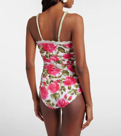 Chloé Bow-detailed Ruched Lace-trimmed Floral-print Swimsuit In Multi