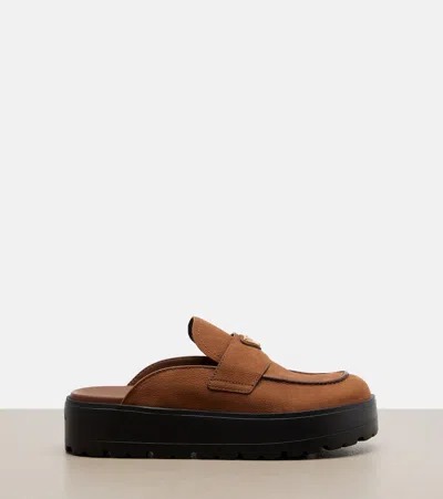 Prada Nubuck Flatform Mules In Brown