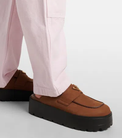 Prada Nubuck Flatform Mules In Brown