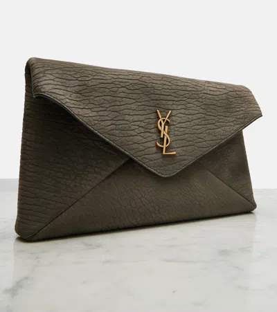 Saint Laurent Leather Cassandre Envelope Pouch In Gray