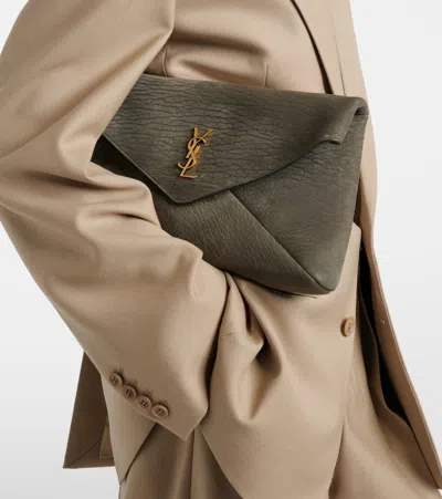 Saint Laurent Leather Cassandre Envelope Pouch In Gray