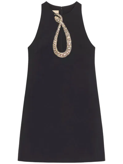 Valentino Garavani Rhinestone Snake Embroidery Crepe Couture Short Dress In Black