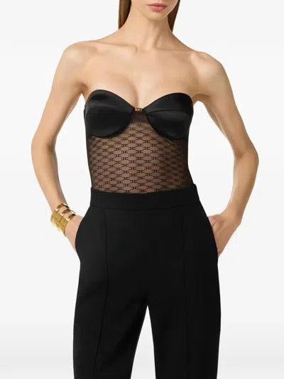 Elisabetta Franchi Shoulder Bare Bodysuit Mesh Panel Geometric In Black