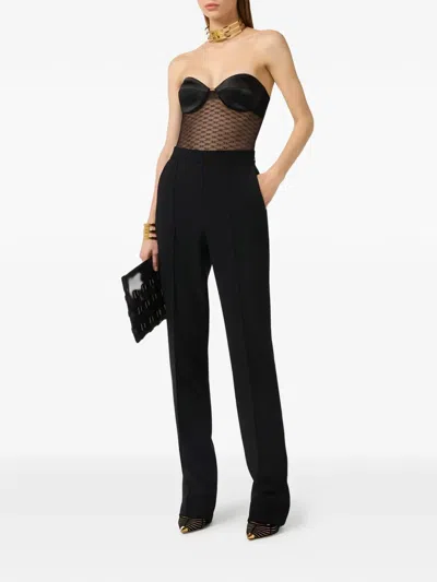Elisabetta Franchi Shoulder Bare Bodysuit Mesh Panel Geometric In Black