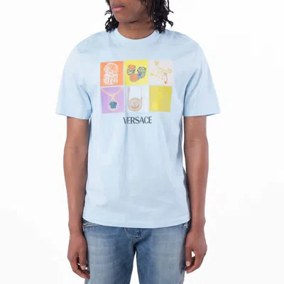 Versace Crew Neck Graphic Print Short Sleeves In Blue
