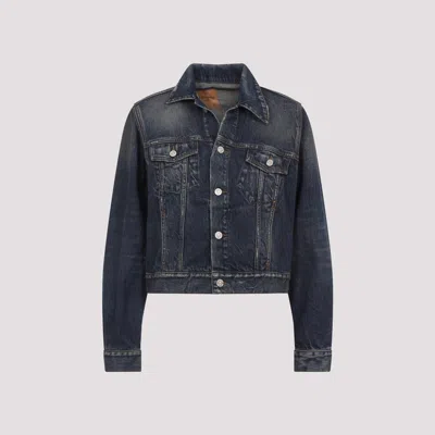 Balenciaga Denim Off-shoulder Cropped Jacket In Blue