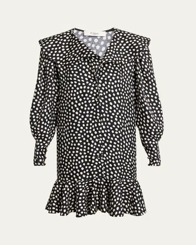 Chloé Dots-print Silk Jacquard Capelet Long-sleeve Mini Dress In Black