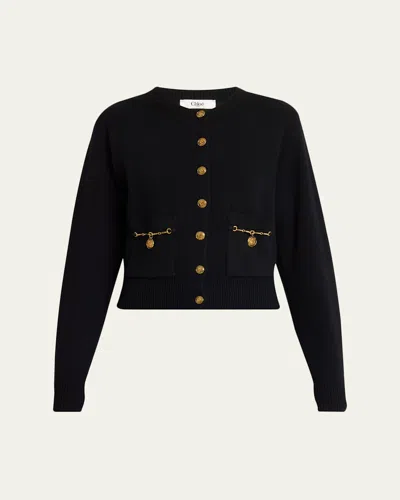 Chloé Chloe Embellished-pocket Wool And Cashmere-blend Cardigan In Black