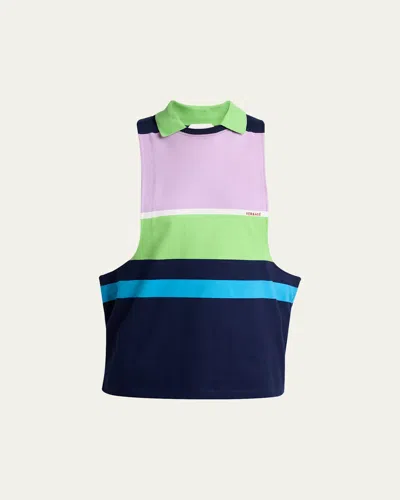Versace Sleeveless Embroidered Striped Cotton T-shirt In Multi