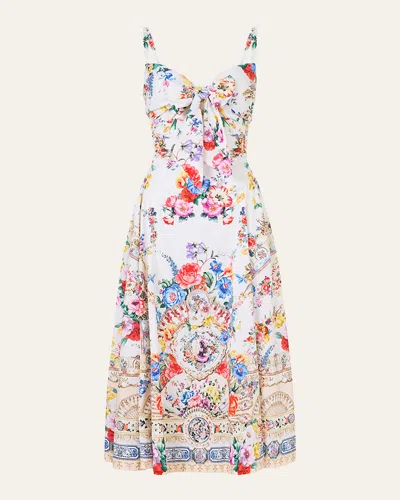 Camilla Ballerina Tie-detailed Cutout Ruched Floral-print Cotton-blend Midi Dress In Multi