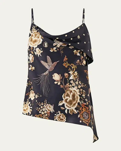 Camilla Asymmetric Draped Embellished Embroidered Printed Silk-satin Top In Black