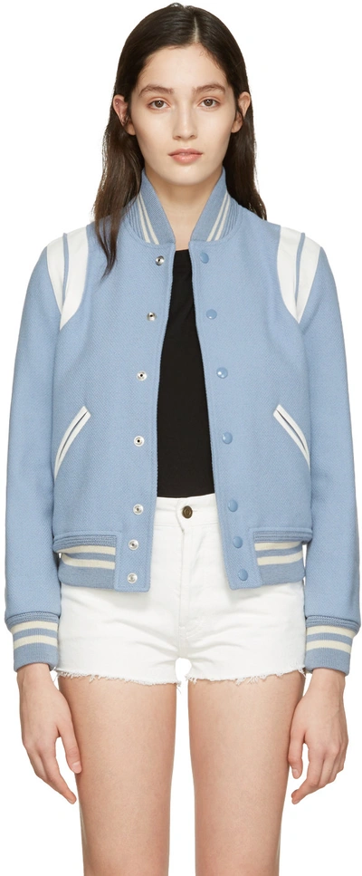 Saint Laurent Teddy Jacket In Blue-grey Wool And Polyamide And White Leather In Lightblue