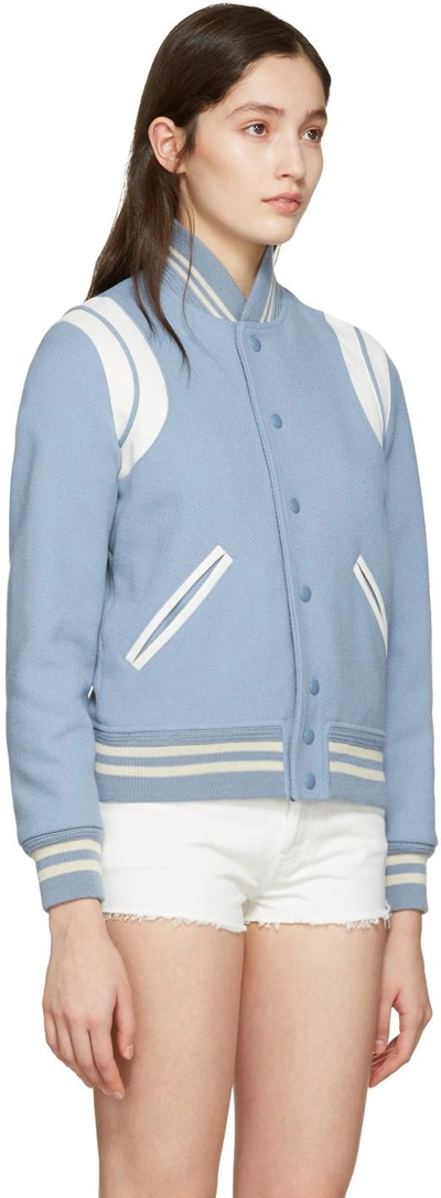 Shop Saint Laurent Blue Wool Teddy Bomber Jacket