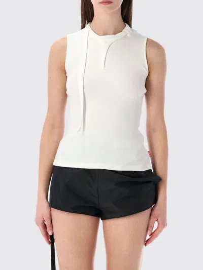 Diesel Sleeveless Ribbed Zip-front Top With Tie Strap In White