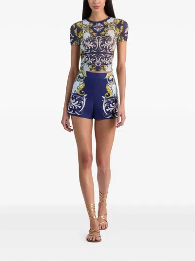 Alice And Olivia Hera Back Zip Shorts Antique Scroll In Blue