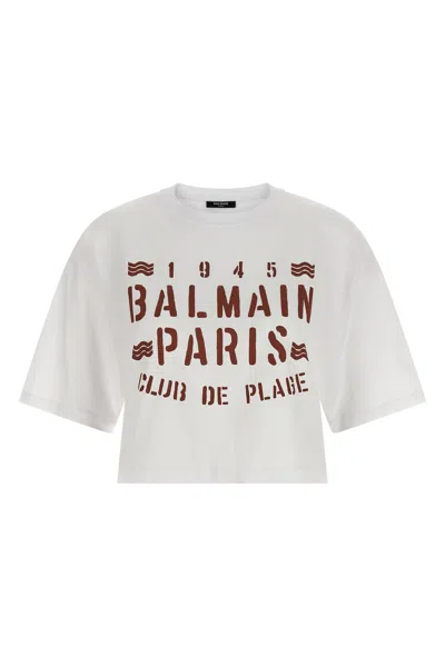 Balmain White Plage Print T-shirt In White