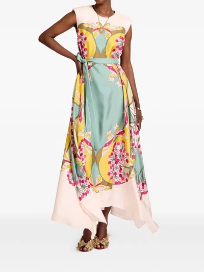 La Doublej San Carlo Belted Printed Silk Maxi Dress In Green