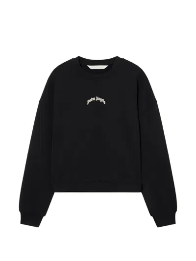Palm Angels Neutrals Crop Crewneck Arched Logo Sweatshirt In Black