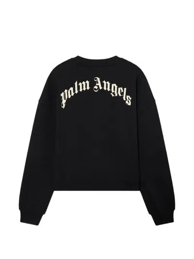 Palm Angels Neutrals Crop Crewneck Arched Logo Sweatshirt In Black