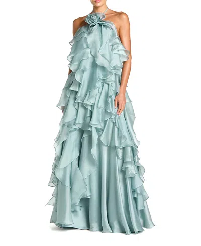 Mac Duggal Organza Halter Neck Open Back Ruffle Gown In Green