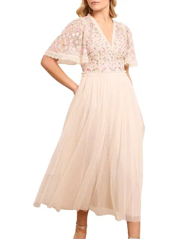 Needle & Thread Rosie Lace Bodice Short Sleeve V-neck Ballerina Dress In Champagne