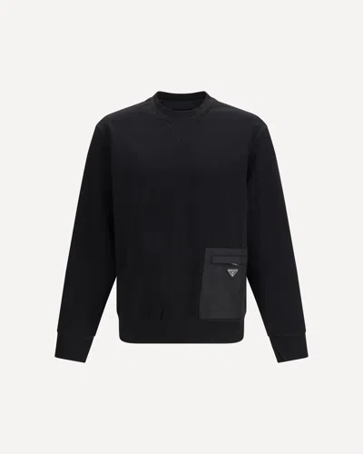 Prada Stretch Viscose-polyamide T-shirt Sweatshirt With External Pocket And Calf Leather Detail In Black