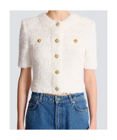 Balmain Cardigan Tweed Plumetis Sweaters And Cardigans White In White
