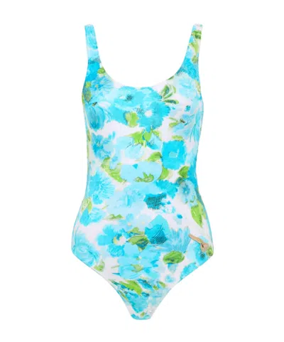Chloé White And Blue Aqua Flower-print Lycra One-piece Swimsuit In Blue