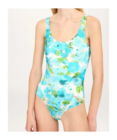Chloé White And Blue Aqua Flower-print Lycra One-piece Swimsuit In Blue