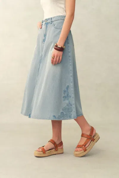 Fabrique Michel Embossed Flowers Midi Skirt In Cotton Denim In Blue