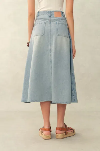 Fabrique Michel Embossed Flowers Midi Skirt In Cotton Denim In Blue
