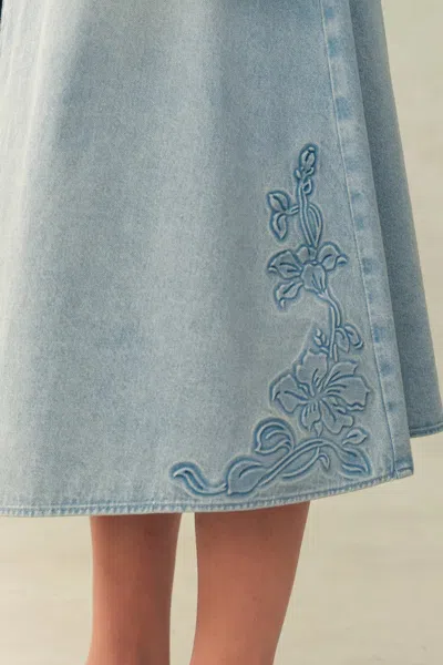 Fabrique Michel Embossed Flowers Midi Skirt In Cotton Denim In Blue