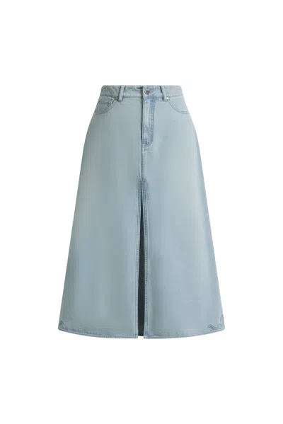 Fabrique Michel Embossed Flowers Midi Skirt In Cotton Denim In Blue