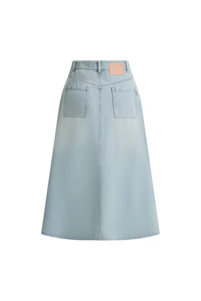 Fabrique Michel Embossed Flowers Midi Skirt In Cotton Denim In Blue