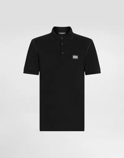 Dolce & Gabbana Piquet Polo Shirt With Logo Plate In Black