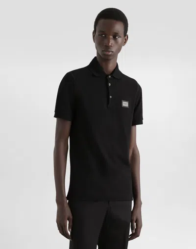 Dolce & Gabbana Piquet Polo Shirt With Logo Plate In Black