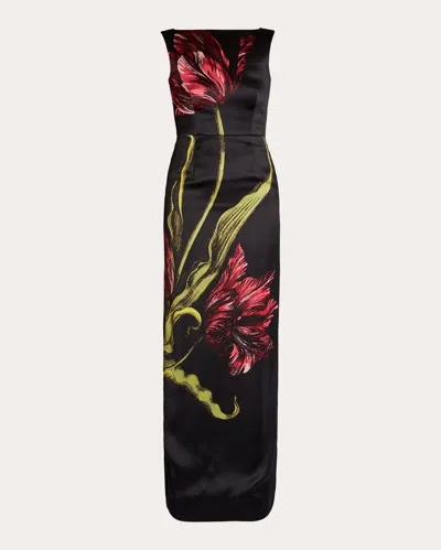 Erdem Floral-print Duchess Satin Sleeveless Gown In Black