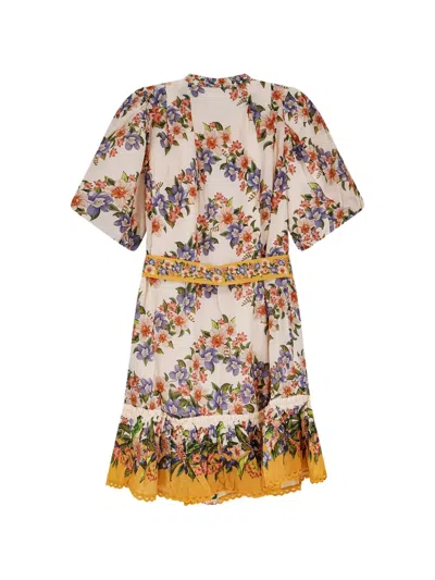 Farm Rio Sand Hilo Belted Short-sleeve Mini Dress In Neutral